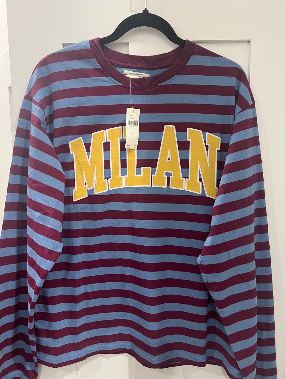 Striped Long-Sleeve Crewneck Shirt with 'MILAN' Appliqué - Burgundy & Light Blue